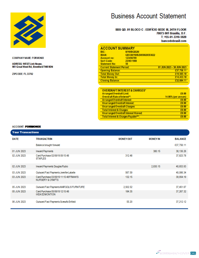 Download Banco do Brasil bank organization account statement Word and PDF template Photoshop template
